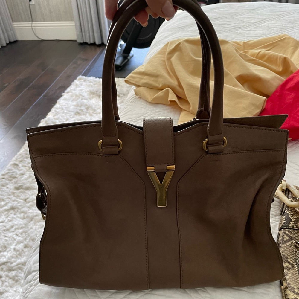 Taupe Leather Ysl Top Handle Bag Gem